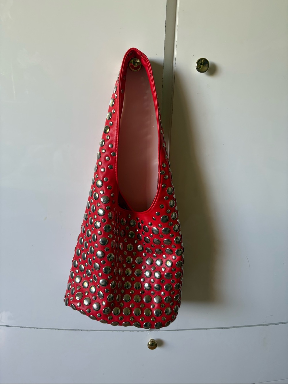 Red Studded Shoulder Bag - Women